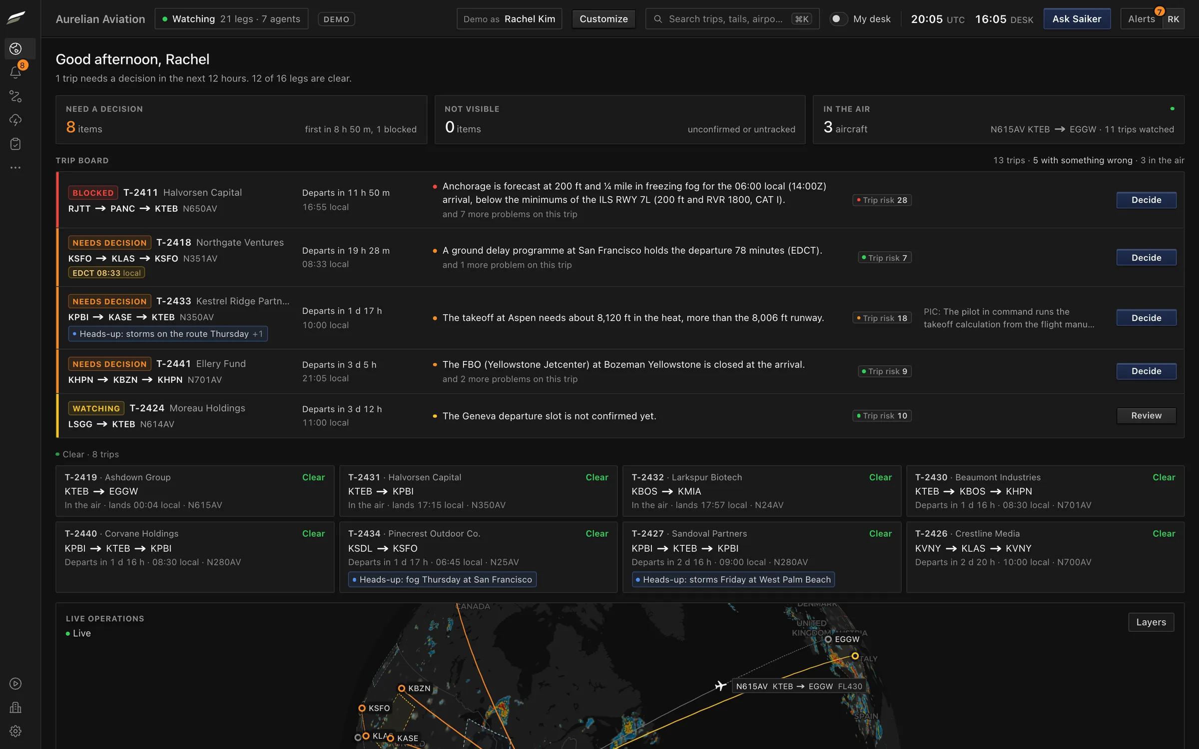 SAIKER Operations home, dark mode: Every trip appears on one board beside the live map, colored by what requires a decision.
