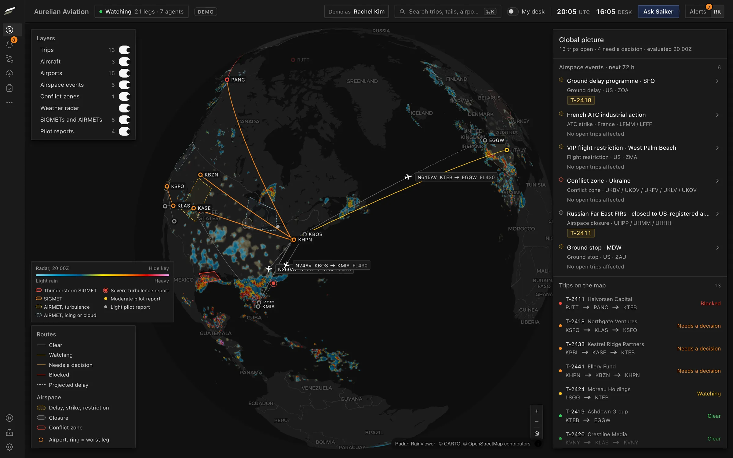 The SAIKER global picture: aircraft, routes, weather radar, weather advisories and airspace events, each linked to the trips they affect.